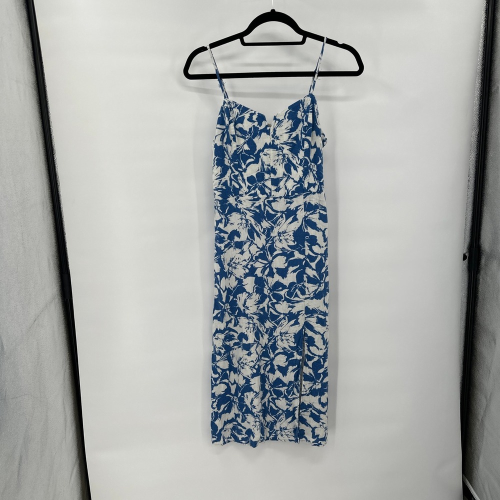 Coastal Cottagecore Floral Midi Dress Medium Smocked Blue Boho Indie Linen Blend